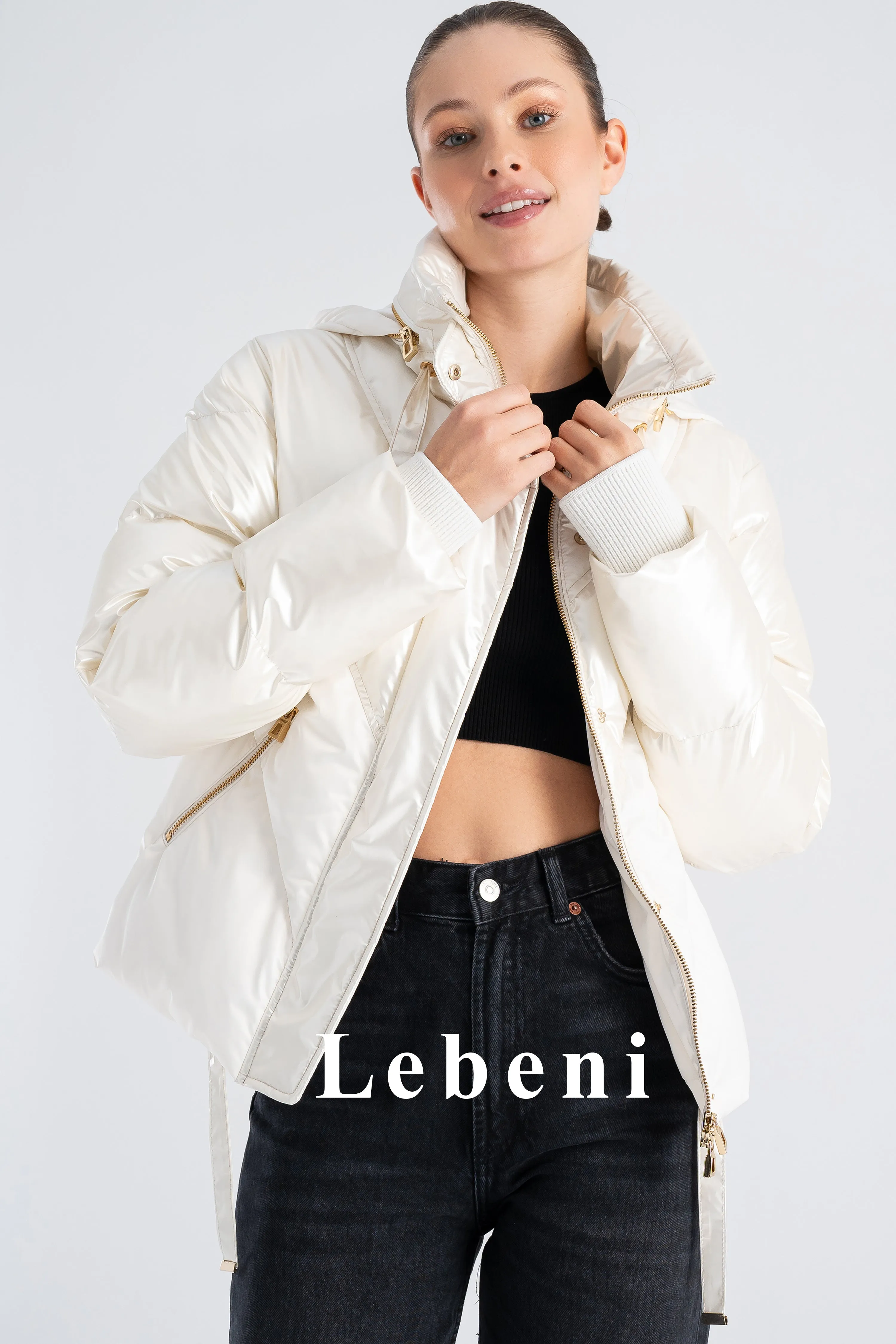 Women's White Shiny Hooded Ski Jacket - Hidden Hood, Color Block