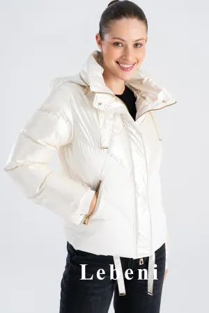 Women's White Shiny Hooded Ski Jacket - Hidden Hood, Color Block