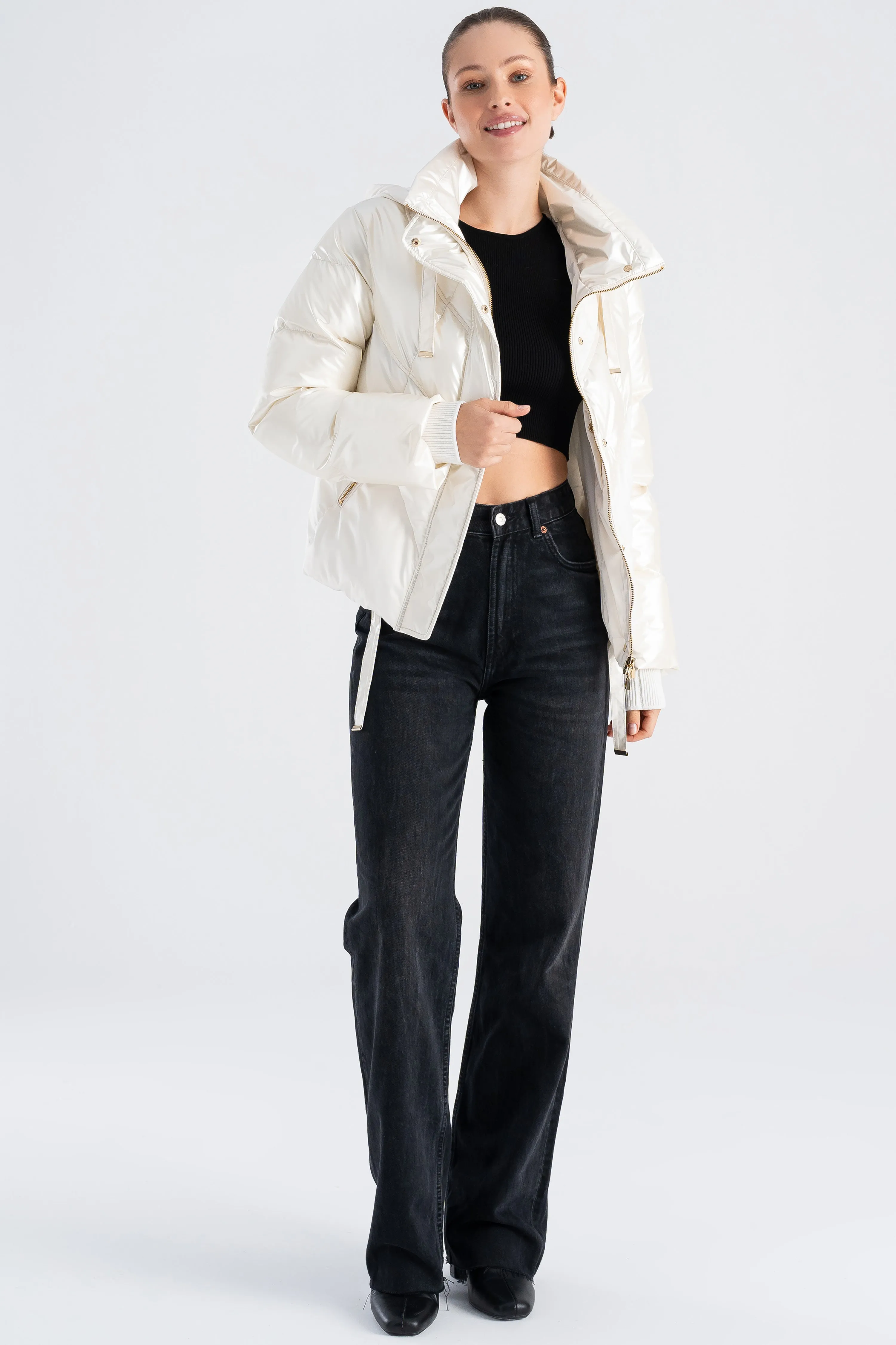 Women's White Shiny Hooded Ski Jacket - Hidden Hood, Color Block